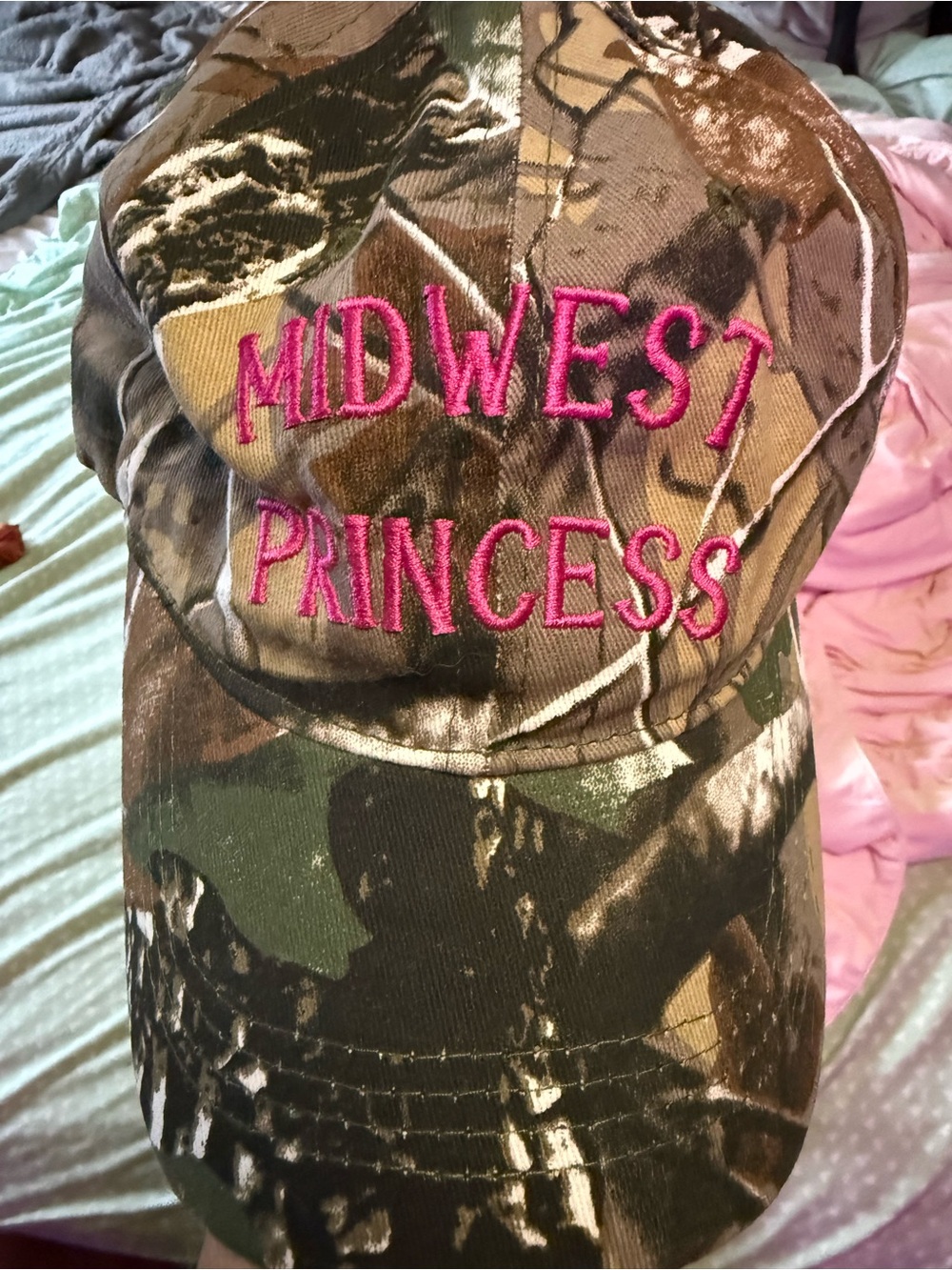 Embroidered 'Midwest Princess' Camo Baseball Cap in Pink